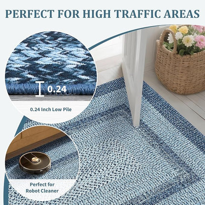 Printed Washable Area Rugs 10x13 Rug Modern Rugs for Bedroom Blue Rug Imitation Braided Soft Large Area Rug Non Slip Throw Rugs Stain Resistant Carpet for Nursery Dining Room 10'x13' Navy Blue