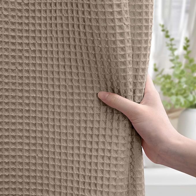 Waffle Weave Shower Curtain Heavyweight Cotton Fabric Beige 72Wx72L | Soft Cotton Cloth,3D Square Truely Waffle Washable, Hotel Luxury Spa, Shower Curtain Set for Bathroom 12 Plastic Hooks