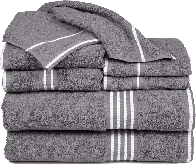 Lavish Home 8PC Bathroom Towels Set - 575GSM 100% Cotton Bathroom Essentials with 2 Bath Towels, 2 Hand Cloths, 2 Wash Cloths, and 2 Fingertip Fabric for Shower, Gym, Dorm and Spa (Silver)