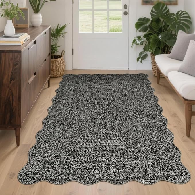 Imitation Braided Collection-Print Washable Area Rug 4x6 Scalloped Entryway Rug with Non Slip Rubber Backing, Farmhouse Soft Low Pile Rustic Accent Rug for Living Room Bedroom Dining Room