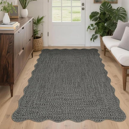 Imitation Braided Collection-Print Washable Area Rug 4x6 Scalloped Entryway Rug with Non Slip Rubber Backing, Farmhouse Soft Low Pile Rustic Accent Rug for Living Room Bedroom Dining Room