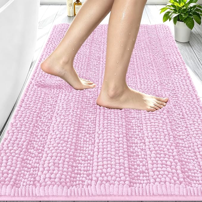 Smiry Thick Small Chenille Bathroom Rugs 24x16, Absorbent Bath Mat, Pink | Quick‑Dry & Machine Washable, Non‑Slip Bath Carpet, Soft Striped Bath Rugs for Tub & Shower, Modern Home Decor Accessories