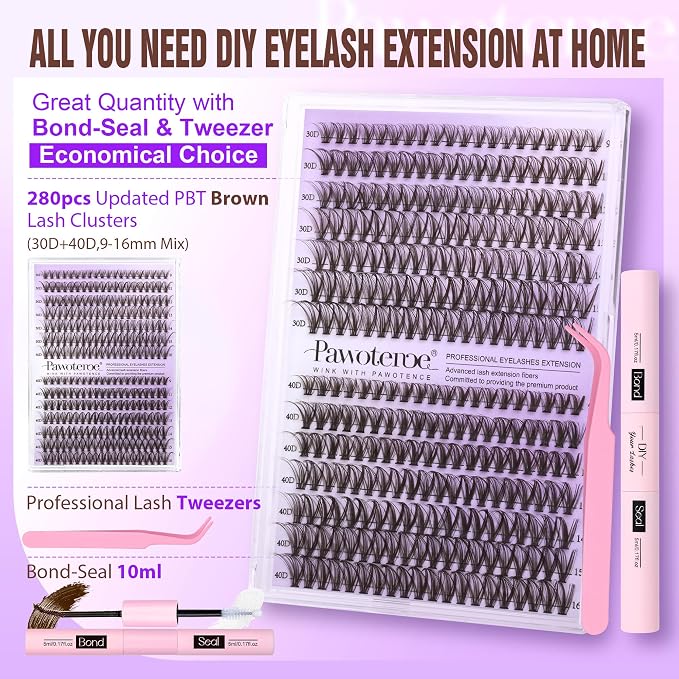 Lash Extension Kit DIY 280pcs Brown Lash Clusters Eyelash Extension Kit 30D 40D 9-16mm Individual Lashes Kit with Lash Bond and Seal Lash Tweezers for Self Use (Brown 30D 40D, 9-16mm, Kit)