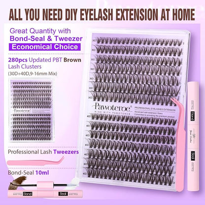 Lash Extension Kit DIY 280pcs Brown Lash Clusters Eyelash Extension Kit 30D 40D 9-16mm Individual Lashes Kit with Lash Bond and Seal Lash Tweezers for Self Use (Brown 30D 40D, 9-16mm, Kit)