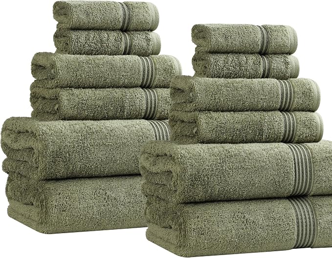SUPERIOR Egyptian Cotton 12-Piece Towel Set, Assorted Towels, Home Bathroom, Master, Guest Bath, Decor Essentials, 4 Bath, 4 Hand, 4 Face Towels/Washcloths, Quick Dry, Absorbent, Forest Green