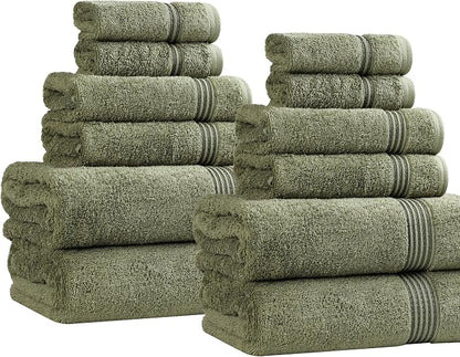 SUPERIOR Egyptian Cotton 12-Piece Towel Set, Assorted Towels, Home Bathroom, Master, Guest Bath, Decor Essentials, 4 Bath, 4 Hand, 4 Face Towels/Washcloths, Quick Dry, Absorbent, Forest Green
