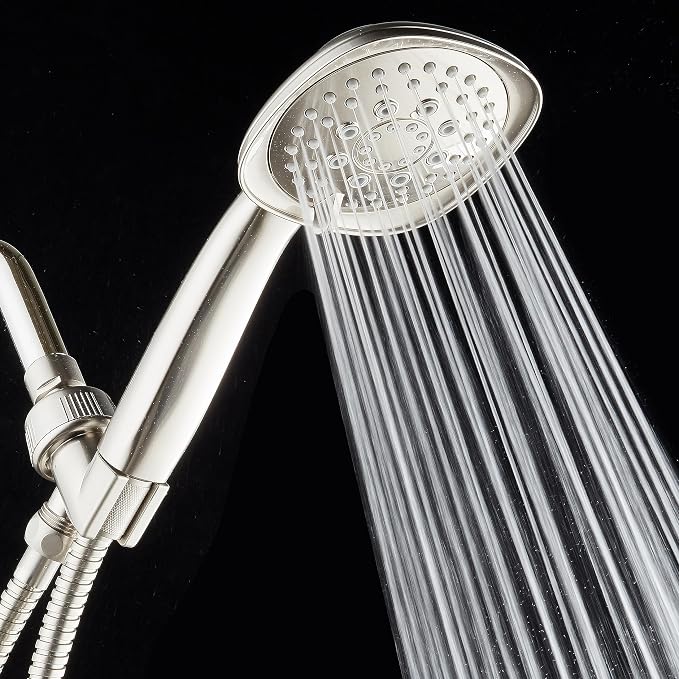 AquaDance, Satin Nickel Luxury Square 6-setting High-Pressure Hand Extra-Long 72" Stainless Steel Hose, Bracket, Solid Brass Fittings, Finish. Premium Handheld Shower Head from Top American