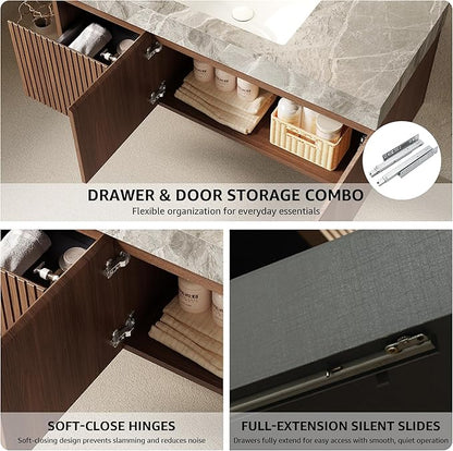 48” Floating Bathroom Vanity with Sink, Wall-Mounted Cabinet with Drawer & Doors, Gray Travertine-Pattern Sintered Stone Top, Undermount Basin, 3 Faucet Hole, Soft-Close, Pre-Assembled, Brown Oak