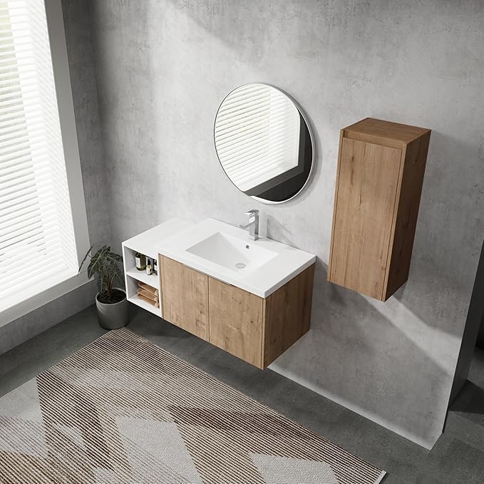SSLine 42-Inch Single Bathroom Vanity Modern Wall Mounted Bathroom Vanity with Sink 42" Small Floating Bathroom Vanities Set with White Open Storage Shelf & 1 Side Cabinet,Brown White