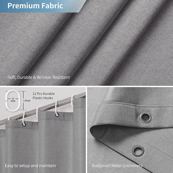 Extra Long Fabric Shower Curtain with Waterproof Layer,72x84,Grey | 2-in-1 Design,Linen Textured,100% Waterproof TPU-Laminated Backing,Magnetic Weighted,Machine Washable,For Bathroom,Hotel