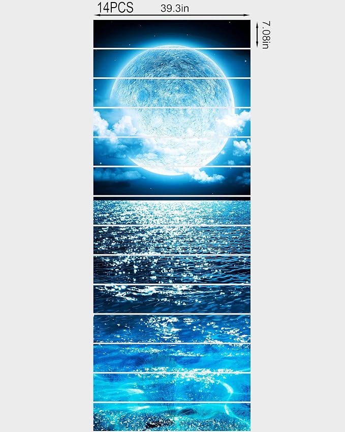 FLFK Stair Riser Decals,Bright Moon on The Sea Vinyl Sticker for Stairs Decoration,14Pcs 39.3"X7.08"