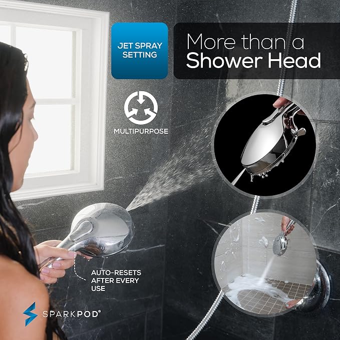 SparkPod 5 Inch 9 Spray Setting Handheld Shower Head - Water Saving Pause With On/Off Switch - Tool-Free 1-Min Install - Pulsating Rain Mode - Relaxing Rain Shower With Soothing Mist - Luxury Chrome
