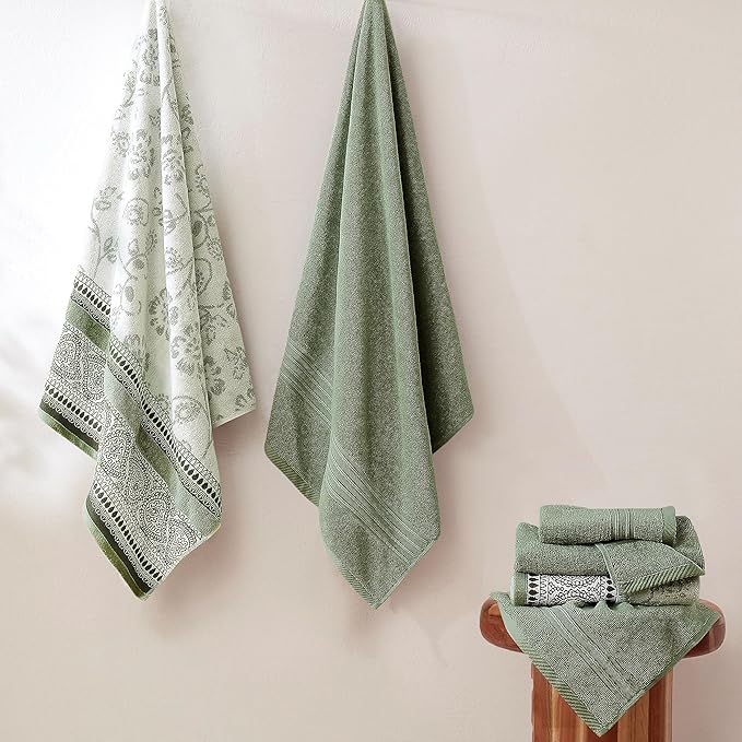 Modern Threads 6 Piece Bath Towel Set – Bathroom Set with 2 Bath Towels, 2 Hand Towels, and 2 Wash Cloths – 100% Cotton, Super Absorbent & Extra Soft – Reversible Floral Trail (Sage Green)