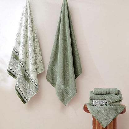Modern Threads 6 Piece Bath Towel Set – Bathroom Set with 2 Bath Towels, 2 Hand Towels, and 2 Wash Cloths – 100% Cotton, Super Absorbent & Extra Soft – Reversible Floral Trail (Sage Green)