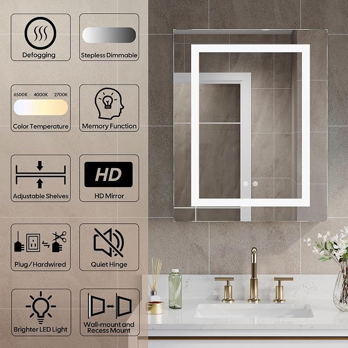 24"" X 30"" LED Medicine Cabinet with Mirror for Bathroom, Medicine Cabinet with Lights, Bathroom Mirror with Storage, Single Left Opening Doors, Dimmer, Defogger, Outlets & USB Ports, Glass