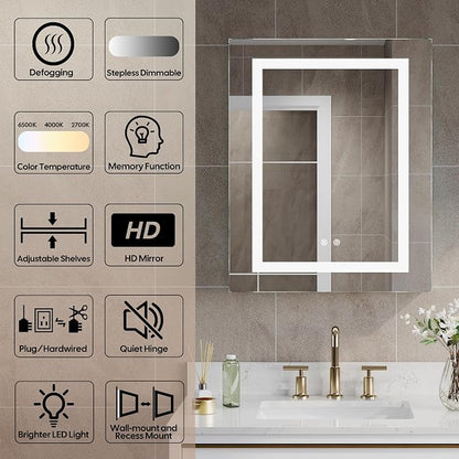 24"" X 30"" LED Medicine Cabinet with Mirror for Bathroom, Medicine Cabinet with Lights, Bathroom Mirror with Storage, Single Left Opening Doors, Dimmer, Defogger, Outlets & USB Ports, Glass