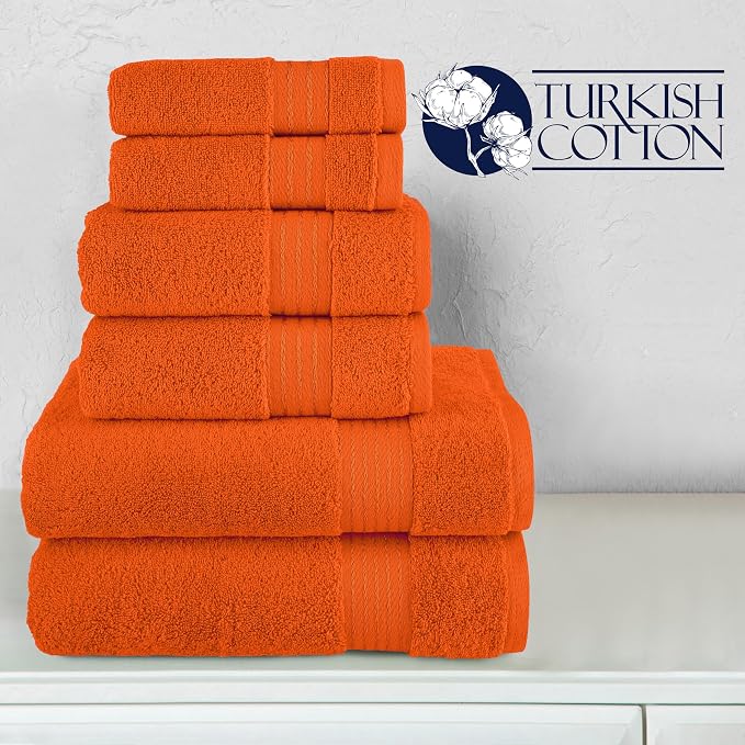 Elegant Comfort Premium Cotton 6-Piece Towel Set, Includes 2 Washcloths, 2 Hand Towels and 2 Bath Towels, 100% Turkish Cotton - Highly Absorbent and Super Soft Towels for Bathroom, Orange
