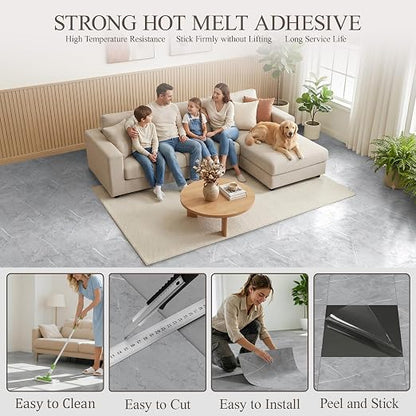 DEXDE Peel and Stick Floor Tile Grey Marble Waterproof 2FTx2FT 20 PC | Waterproof Self-adhesive Vinyl Floor Tiles, 80 Sq.Ft (20 Large 24x24 Pack), Vinyl Flooring for Bathroom Kitchen DIY Upgrades