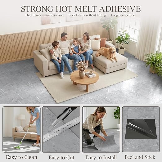 DEXDE Peel and Stick Floor Tile Grey Marble Waterproof Vinyl 2FTx2FT 10 PC | Waterproof Self-adhesive Vinyl Tiles, 40 Sq.Ft (10 Large 24x24 Pack), Vinyl Flooring for Bathroom Kitchen DIY Upgrades