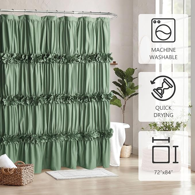 Homechoice Decor Light Green Ruffle Shower Curtain 72“ W x 84” H | Vintage Handcrafted Bow Tie Bath Curtain for Master Bathroom, Ruched Microfiber Bathroom Curtain with 12 Buttonholes (LQ-10)