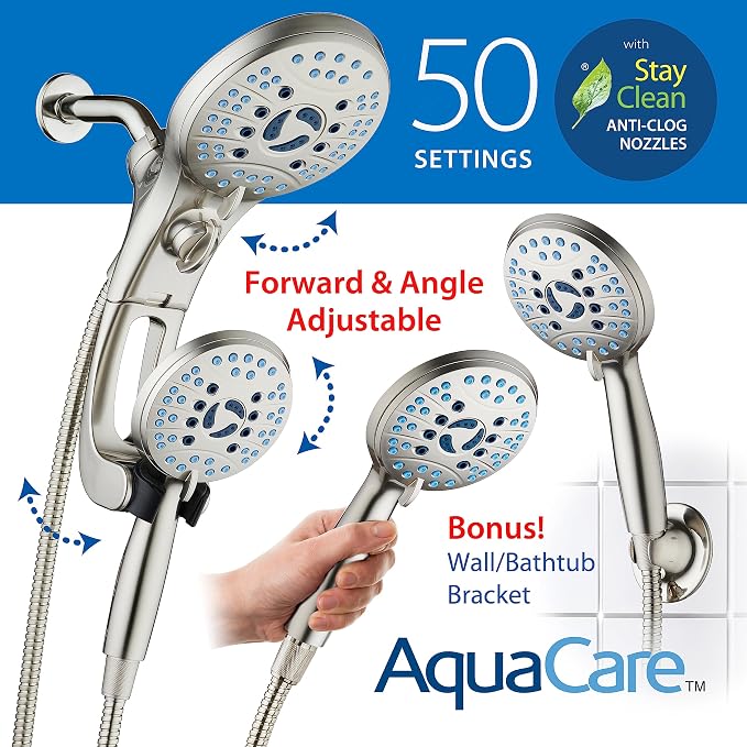 AquaCare 50-mode High Pressure Shower Head Combo with Arm & Dual Power Wash | Hygienic Jets, 2-mode Handheld Power Wash for Tub, Tile & Pets, Long 6 ft. Stainless Steel Hose, Extra Wall Bracket / Nickel