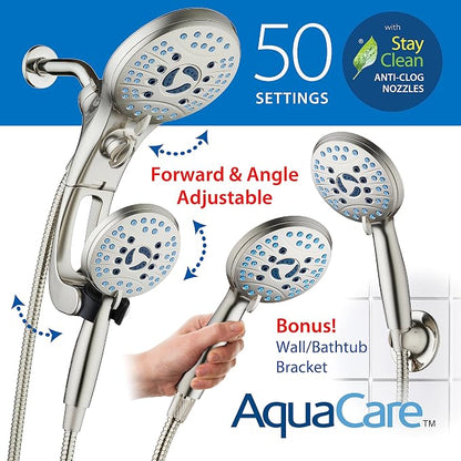 AquaCare 50-mode High Pressure Shower Head Combo with Arm & Dual Power Wash | Hygienic Jets, 2-mode Handheld Power Wash for Tub, Tile & Pets, Long 6 ft. Stainless Steel Hose, Extra Wall Bracket / Nickel