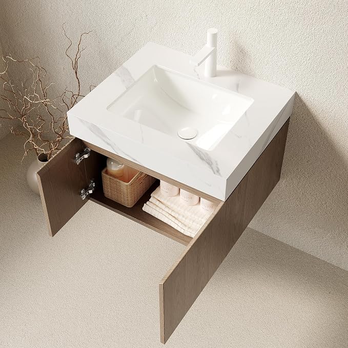 KEIKI 24 Inch Floating Bathroom Vanity with Sink, Light Brown & White | Modern Wall Mounted Storage Cabinet with 2 Doors, Pre-assembled Wood Panels, Sintered Stone Top & Ceramic Basin Combo Set