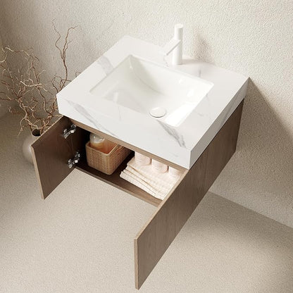 KEIKI 24 Inch Floating Bathroom Vanity with Sink, Light Brown & White | Modern Wall Mounted Storage Cabinet with 2 Doors, Pre-assembled Wood Panels, Sintered Stone Top & Ceramic Basin Combo Set