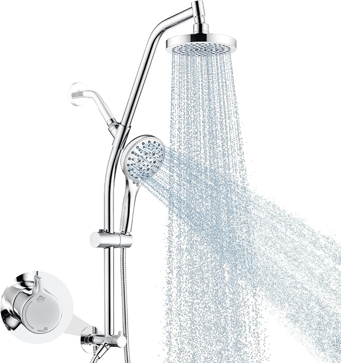 BRIGHT SHOWERS Rain Shower Head with Handheld Combo, Dual Shower System with Slide Bar, Rain Shower System, Adjustable Height, Brass Slide Bar & Diverter, 60 Inch Stainless Steel Hose, Chrome
