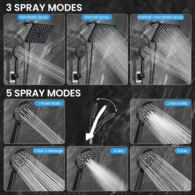 Veken Multi-Function Rain Shower Head with Handheld, High Pressure, Square | Rainfall Showerhead, Dual shower heads Combo, 5-mode Detachable Hand Held Spray with Hose, regaderas para shower, Matte Black
