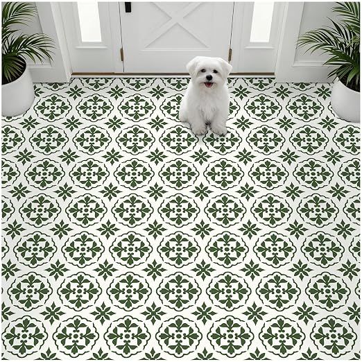 MORCART 20PCS 7.87" x 7.87" Peel and Stick Floor Tile, Green Retro Design | Self-Adhesive DIY Vinyl Flooring, Removable and Waterproof Tile Sticker for Bathroom, Kitchen, Wall, Bedroom, Stairs
