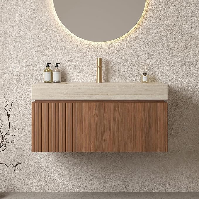 LKTART Floating 36 Inch Bathroom Vanity with Sink, Modern Plywood Wall Mounted Bathroom Storage Cabinet with 1 Door and 1 Drawer, Roma Travertine-Pattern Sintered Stone Countertop and Ceramic Basin