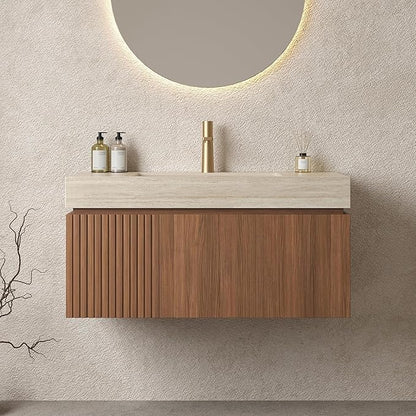 LKTART Floating 36 Inch Bathroom Vanity with Sink, Modern Plywood Wall Mounted Bathroom Storage Cabinet with 1 Door and 1 Drawer, Roma Travertine-Pattern Sintered Stone Countertop and Ceramic Basin