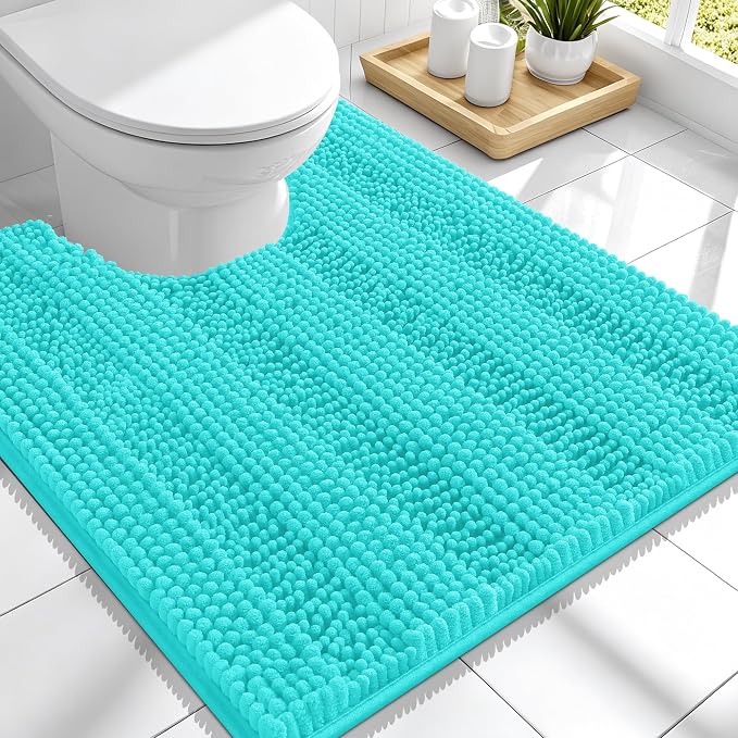 Smiry Thick Chenille Toilet Rugs U-Shaped 24x20, Absorbent Bath Mat, Teal | Soft Striped Contour Bathroom Rugs, Machine Washable, Dry Quickly, Non‑Slip, Modern Home Decor Accessories