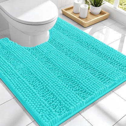 Smiry Thick Chenille Toilet Rugs U-Shaped 24x20, Absorbent Bath Mat, Teal | Soft Striped Contour Bathroom Rugs, Machine Washable, Dry Quickly, Non‑Slip, Modern Home Decor Accessories