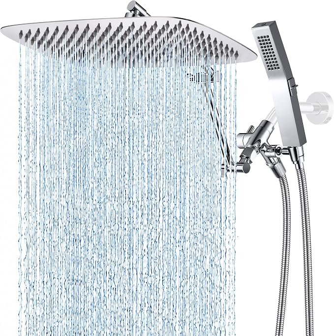 G-Promise All Metal 14 Inches Rainfall Shower Head with Handheld Combo | All Metal, Built to Last, Easy Install, Adjustable Height & Angle for All Heights, Extra Long Hose, Modern Upgrade