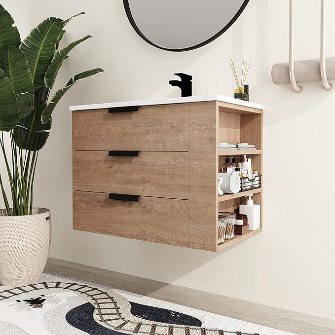 Malwee 30" Floating Bathroom Vanity with Resin Sink, 30 Inch Single Sink Wall Mounted Bathroom Vanity, with 3 Drawers, Bath Wall-Hung Cabinet Set with 3 Side Storage (014-30)