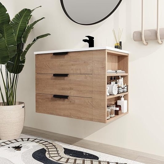 Malwee 30" Floating Bathroom Vanity with Resin Sink, 30 Inch Single Sink Wall Mounted Bathroom Vanity, with 3 Drawers, Bath Wall-Hung Cabinet Set with 3 Side Storage (014-30)