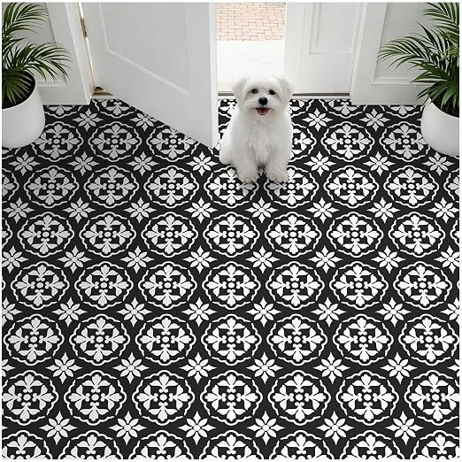 MORCART 20PCS 7.87" x 7.87" Peel and Stick Floor Tile, Black & White Retro | Self-Adhesive DIY Vinyl Flooring, Removable and Waterproof Tile Sticker for Bathroom, Kitchen, Wall, Bedroom, Stairs