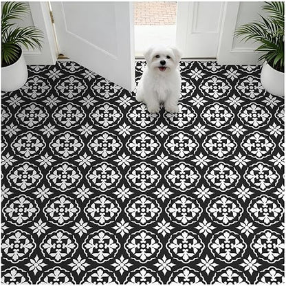 MORCART 20PCS 7.87" x 7.87" Peel and Stick Floor Tile, Black & White Retro | Self-Adhesive DIY Vinyl Flooring, Removable and Waterproof Tile Sticker for Bathroom, Kitchen, Wall, Bedroom, Stairs