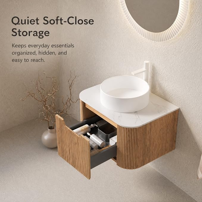 24 Inch Bathroom Vanity with Sink, Floating Wall Mounted Single Sink Vanity for Small Baths, Natural Woodgrain Curved Fluted Front, Stone Top, Pure White Round Vessel Basin, Pre-Assembled