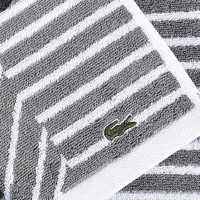 Lacoste Guethary Striped Towel – 100% Cotton, Reversible Modern Geometric Design, Soft & Absorbent, Durable & Lightweight, Machine Washable – Meteorite, 16"x30" Hand Towel