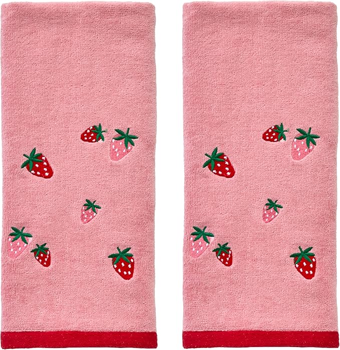 SKL Home Strawberry Toss Hand Towel Set-2pc, 100% Cotton, Embroidered, Pink | Soft & decorative velour. For use in the bathroom, kitchen or bar. Great for spring, summer & year-round décor.