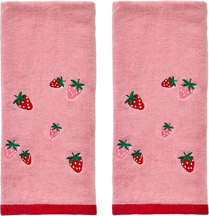 SKL Home Strawberry Toss Hand Towel Set-2pc, 100% Cotton, Embroidered, Pink | Soft & decorative velour. For use in the bathroom, kitchen or bar. Great for spring, summer & year-round décor.