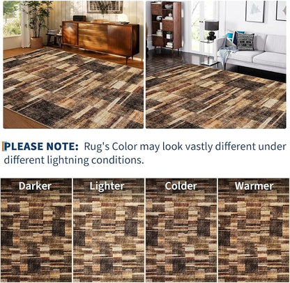 Large Living Room Area Rug 8x10 - Machine Washable Modern Rugs Geometric Brown Rug Non Slip Non-Shedding Low Pile Farmhouse Carpet for Bedroom Nursery Classroom Dorm 8'x10' Brown