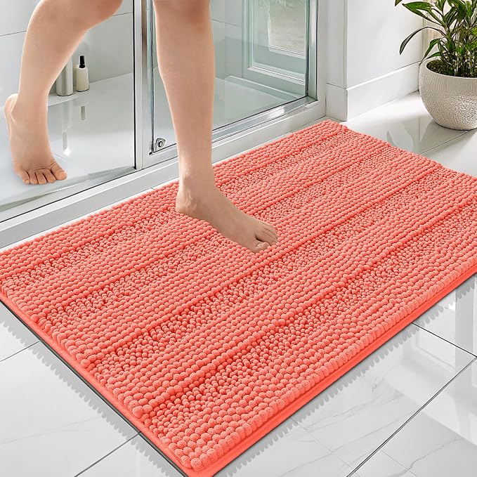 OLANLY Thick Bathroom Rugs 36x24, Soft Chenille Striped Bath Rugs, Coral | Rubber Backing, Machine Wash, Extra Absorbent Bath Mats for Bathroom Floor, Tub and Shower, Home Decor Accessories