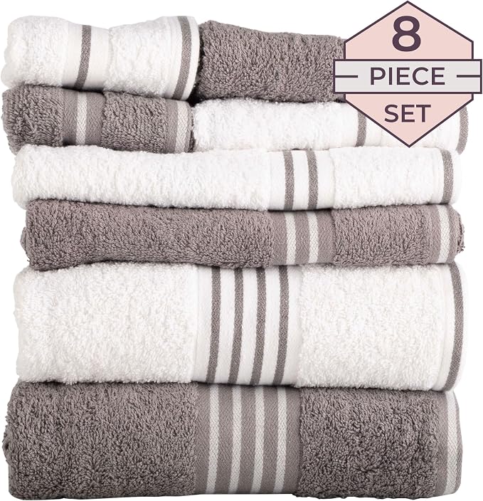 Lavish Home Rio 8 Piece 100% Cotton Towel Set - White & Silver