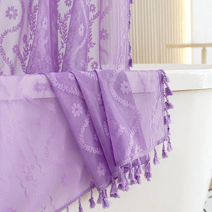 WAZZIO Purple Lace Shower Curtain for Bathroom 72" W x 84" L, Victorian Farmhouse Floral Pattern Tassel Fancy Shower Curtain Boho Washable Cloth Decorative Bath Curtains,1 Panel