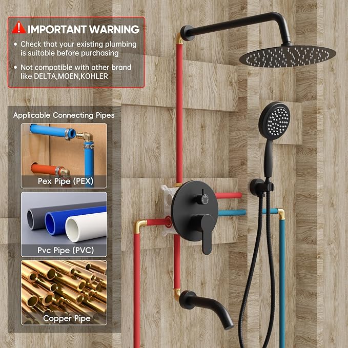 Matte Black Shower System with Tub Spout and 10-Inch Shower Head | All Metal Wall Mounted Bathroom Shower Faucet Set, High Pressure Shower Head and Handheld Combo Set Include valve and Trim