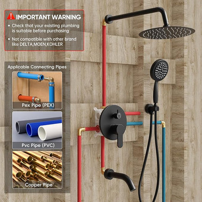 Matte Black Shower System with Tub Spout and 10-Inch Shower Head | All Metal Wall Mounted Bathroom Shower Faucet Set, High Pressure Shower Head and Handheld Combo Set Include valve and Trim